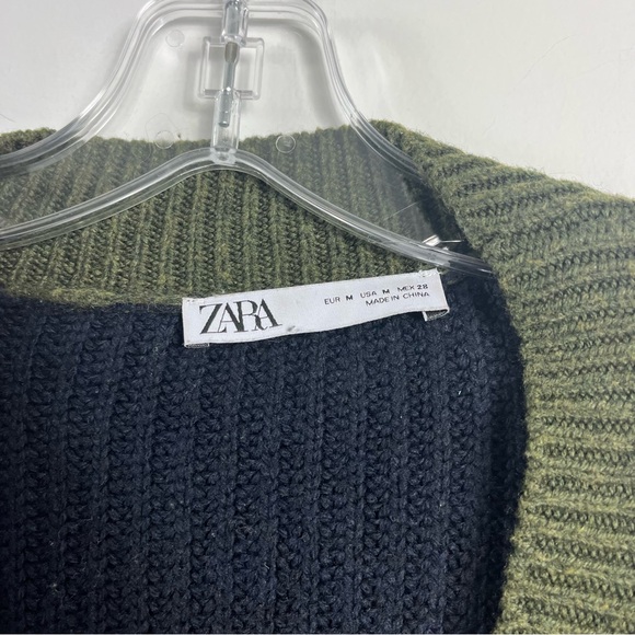 Zara Oversized Contrast Pocket Cardigan Sweater Size Medium Olive Green Multi - Picture 7 of 10